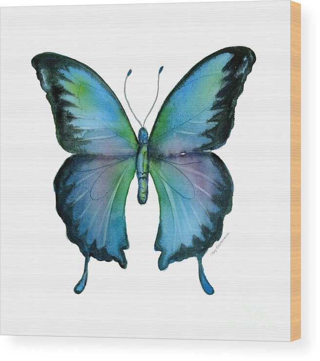 Blue Wood Print featuring the painting 12 Blue Emperor Butterfly by Amy Kirkpatrick