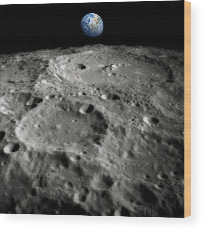 Astronomical Wood Print featuring the photograph Earthrise Over The Moon #15 by Detlev Van Ravenswaay