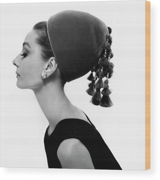 Accessories Beauty Fashion Personality Actress Studio Shot One Person People Hat Headgear Side View Audrey Hepburn 1960s Style Givenchy Eyes Closed Head And Shoulders Oriental Velvet Tassel 35-39 Years Mid-adult 30s Adult Female Mid Adult Woman #condenastvoguephotograph August 15th 1964 Wood Print featuring the photograph Audrey Hepburn Wearing A Givenchy Hat by Cecil Beaton