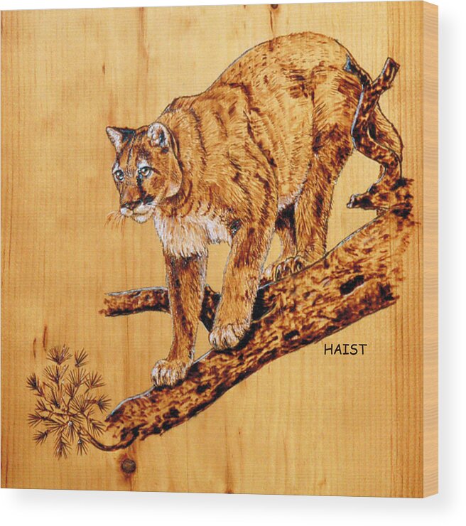 Cougar Wood Print featuring the pyrography Cougar #2 by Ron Haist
