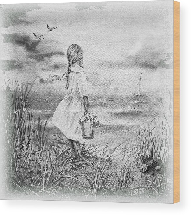 Girl Wood Print featuring the painting Girl And The Ocean #1 by Irina Sztukowski