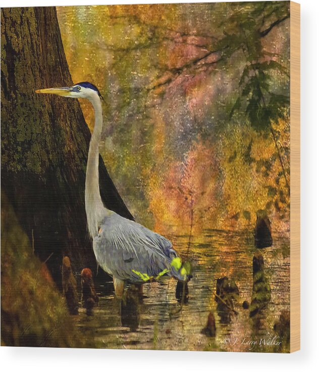 J Larry Walker Wood Print featuring the digital art Great Blue Heron Slowly Fishing #2 by J Larry Walker