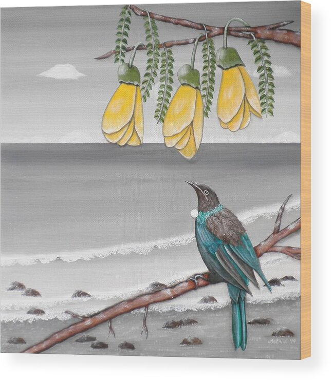 Tui Wood Print featuring the photograph Tui under Kowhai #2 by Astrid Rosemergy
