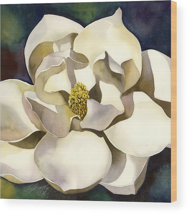 Watercolor Magnolia Wood Print featuring the painting White Magnolia With Blues #3 by Alfred Ng