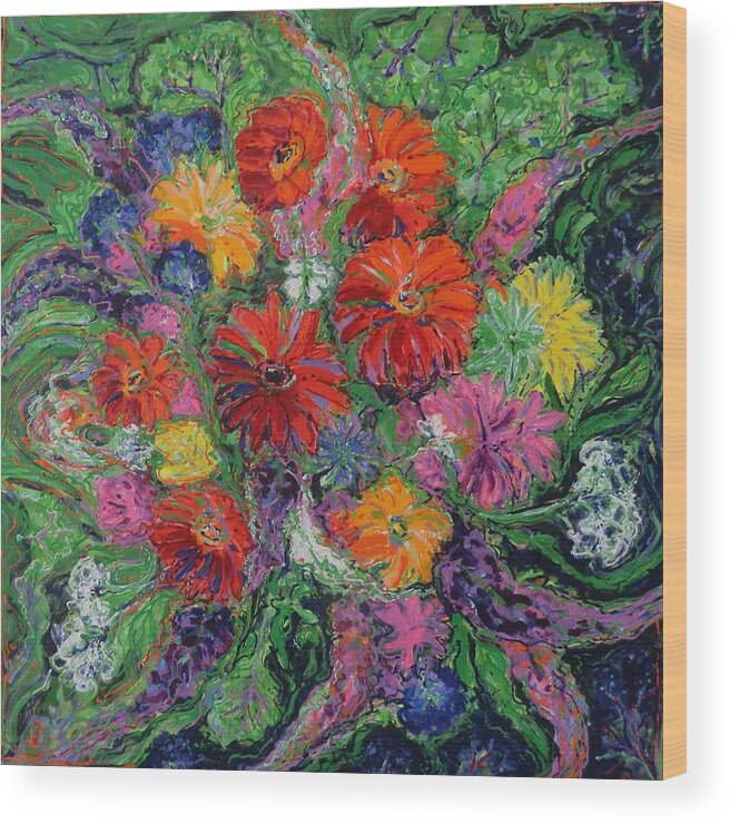 Floral Wood Print featuring the painting Zinnias 3 #2 by Zofia Kijak