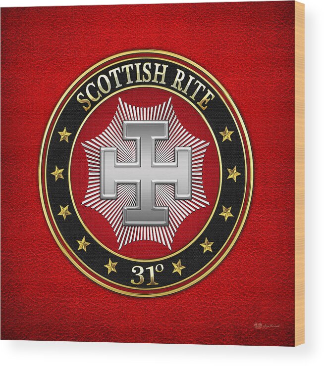 'scottish Rite' Collection By Serge Averbukh Wood Print featuring the digital art 31st Degree - Inspector Inquisitor Jewel on Red Leather by Serge Averbukh