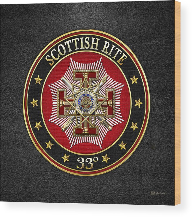 'scottish Rite' Collection By Serge Averbukh Wood Print featuring the digital art 33rd Degree - Inspector General Jewel on Black Leather by Serge Averbukh
