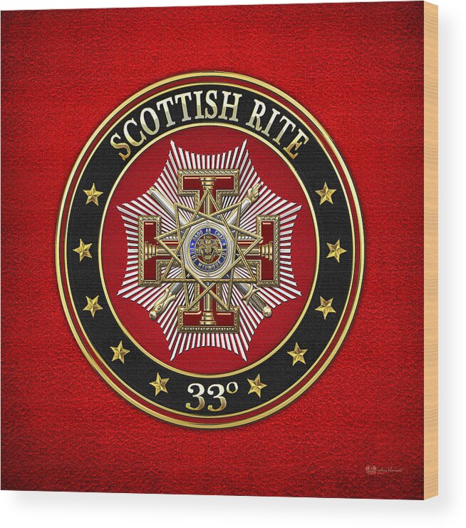 'scottish Rite' Collection By Serge Averbukh Wood Print featuring the digital art 33rd Degree - Inspector General Jewel on Red Leather by Serge Averbukh