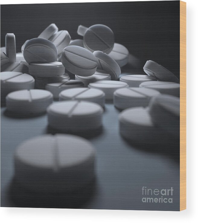 3d Visualisation Wood Print featuring the photograph Aspirin Tablets #5 by Science Picture Co