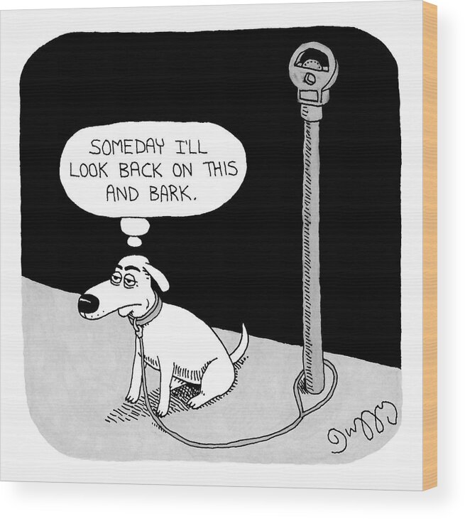 Captionless Wood Print featuring the drawing A Dog Tied To A Parking Meter Thinks by JC Duffy