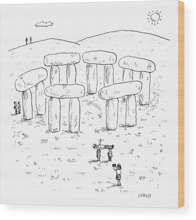 Stonehenge Wood Print featuring the drawing A Family Is Visiting Stonehenge. The Mother Takes by David Sipress