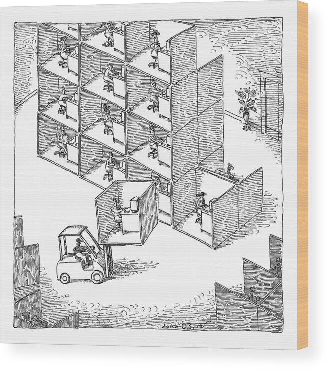Cubicles Wood Print featuring the drawing A Forklift Lifts A Cubicle And Moves To Stack by John O'Brien