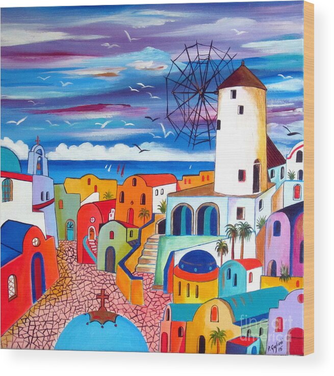 Greece Wood Print featuring the painting A Greek Mill and the colors of Oia Santorini by Roberto Gagliardi