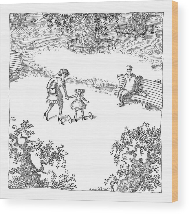 Walk Wood Print featuring the drawing A Woman Is Seen Guiding Her Daughter by John O'Brien