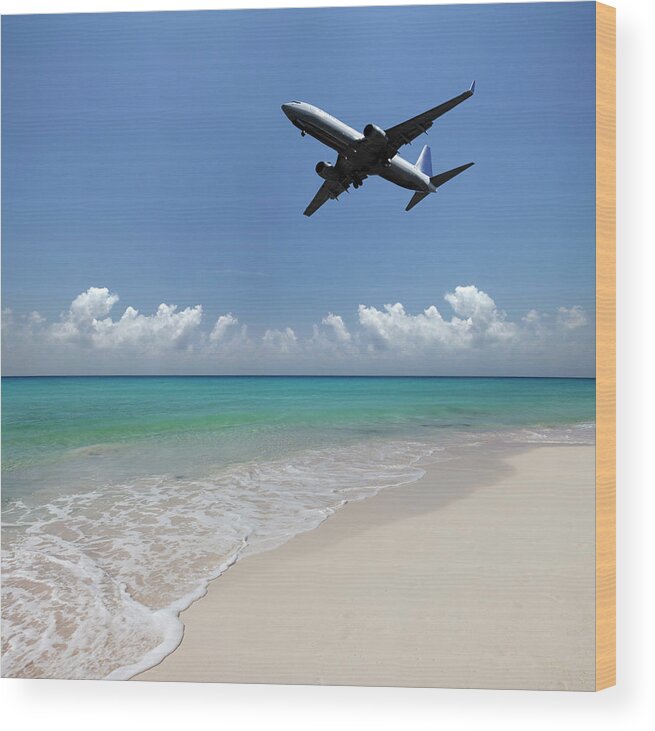 Tranquility Wood Print featuring the photograph Airplane Flying Over A Deserted Beach by Buena Vista Images