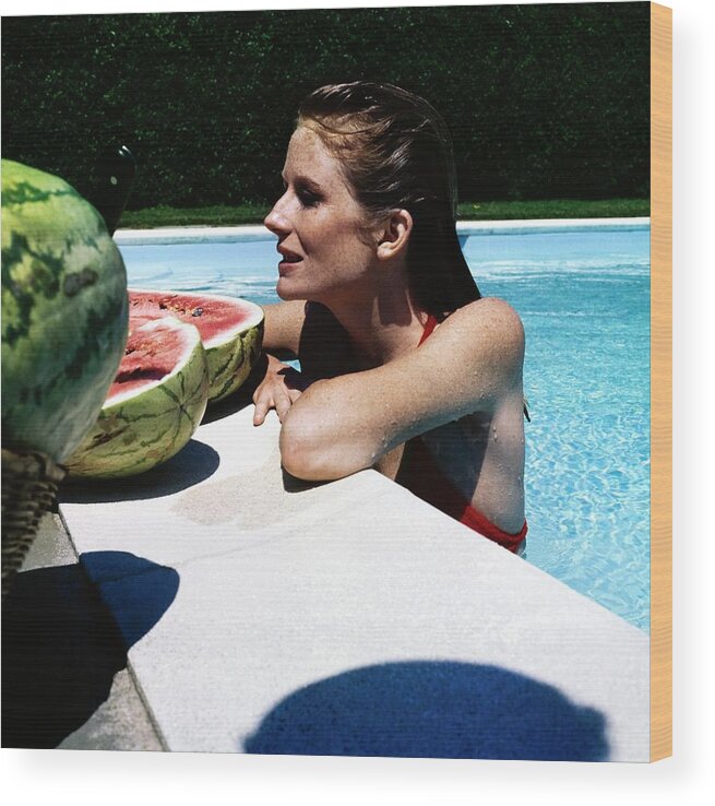Outdoor Living Wood Print featuring the photograph Alexandra Cushing In Her Pool by Horst P. Horst
