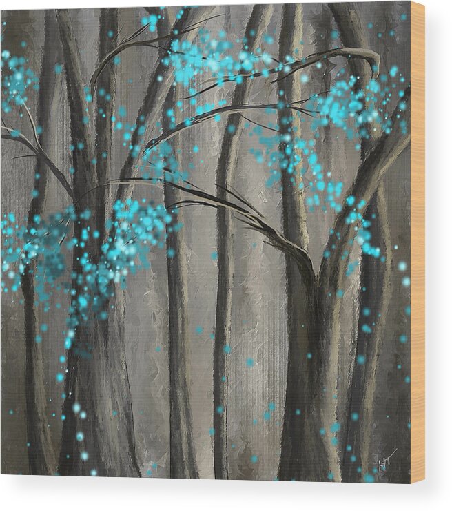 Turquoise Wood Print featuring the painting Alleviation- Gray and Turquoise Art by Lourry Legarde