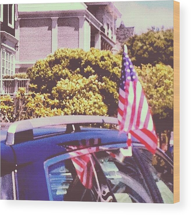 Patriotism Wood Print featuring the photograph American Flag Waving Car In Pacific by Lynn Friedman