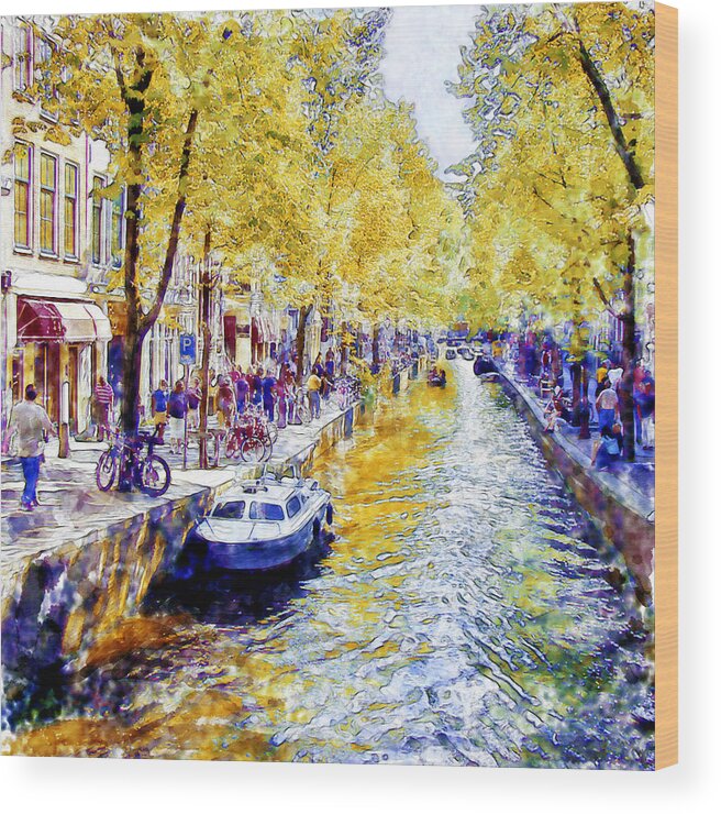 Marian Voicu Wood Print featuring the painting Amsterdam Canal watercolor by Marian Voicu