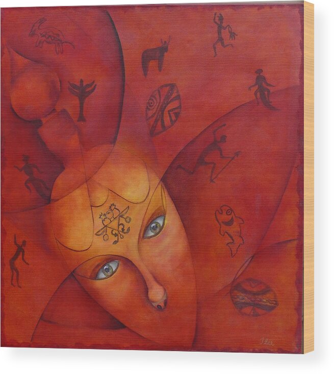Red Wood Print featuring the painting Ancestral Mask-SOLD by Tracie L Hawkins