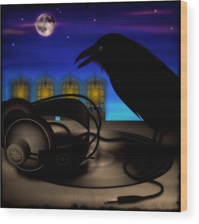 Bird Wood Print featuring the digital art Audiophile Raven by Milton Thompson