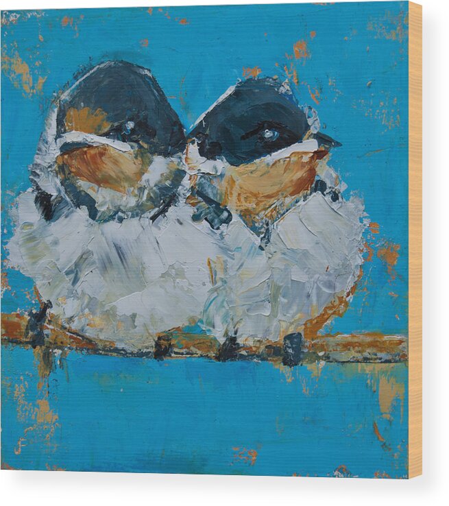 Sparrows Wood Print featuring the painting Baby Birds - Fledglings by Jani Freimann