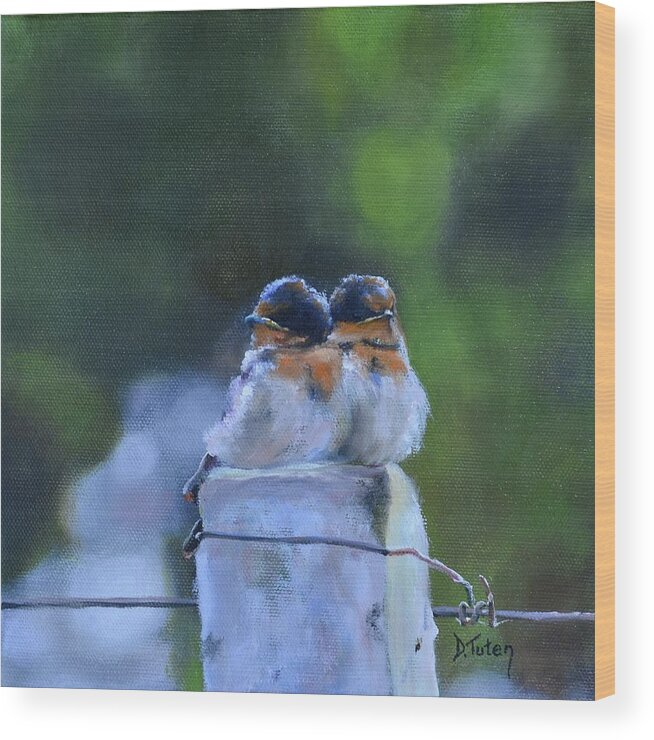 Swallow Wood Print featuring the painting Baby Swallows on Post by Donna Tuten