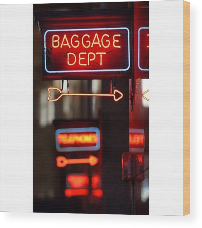Neon Wood Print featuring the photograph baggage Dept #neon by Stone Grether