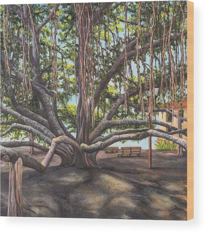 Landscape Wood Print featuring the painting Banyan Tree Lahaina Maui by Darice Machel McGuire