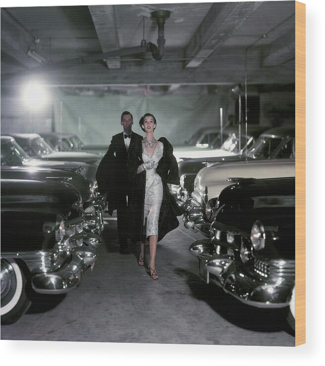 Fashion Wood Print featuring the photograph Barbara Mullen With Cars by John Rawlings