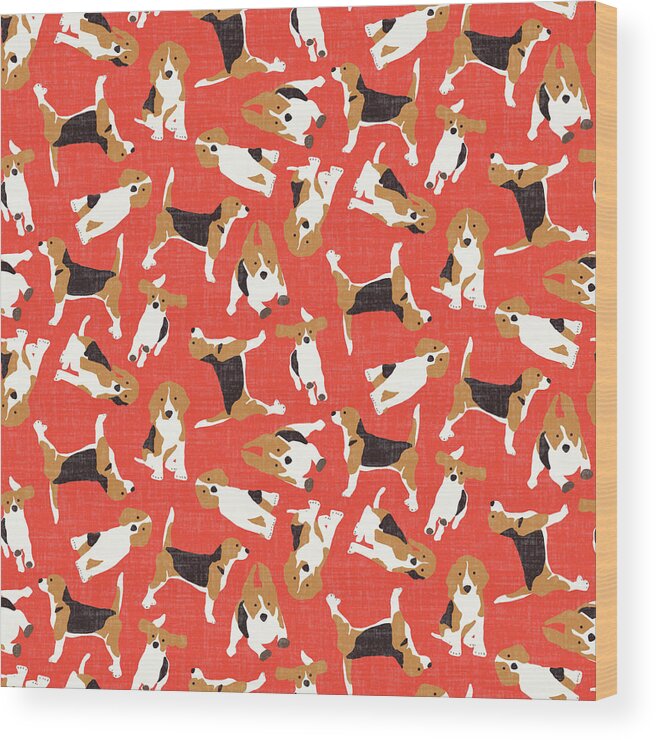 Beagle Wood Print featuring the drawing Beagle Scatter Coral Red by MGL Meiklejohn Graphics Licensing