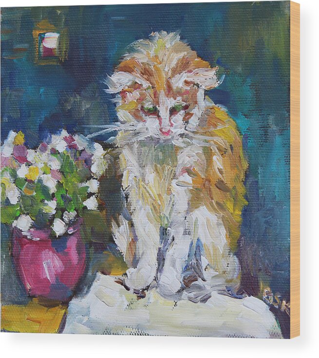 Portrait Wood Print featuring the painting Beautiful Cat Dohchi by Becky Kim