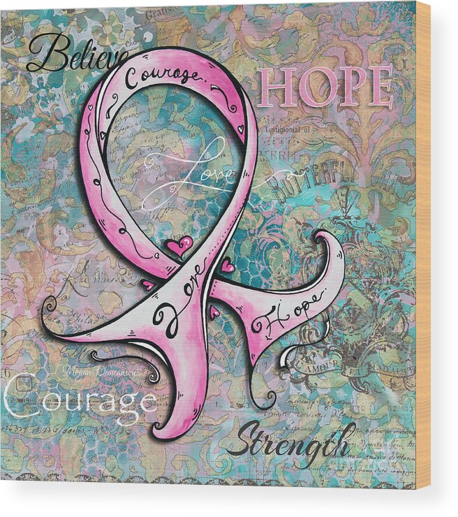 Pink Wood Print featuring the painting Beautiful Inspirational Elegant Pink Ribbon Design Art for Breast Cancer Awareness by Megan Aroon