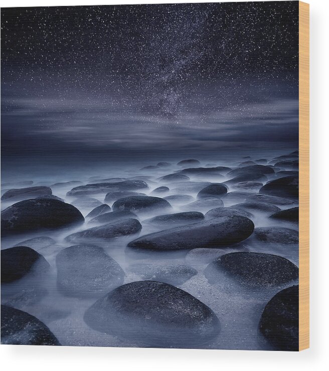 Night Beach Stars Portugal Waterscape Mood Ocean Scenic Landscape Sea Rocks Water Seascape Clouds Blue Longexposure Nature Europe European Milky Way Wood Print featuring the photograph Beyond our Imagination by Jorge Maia