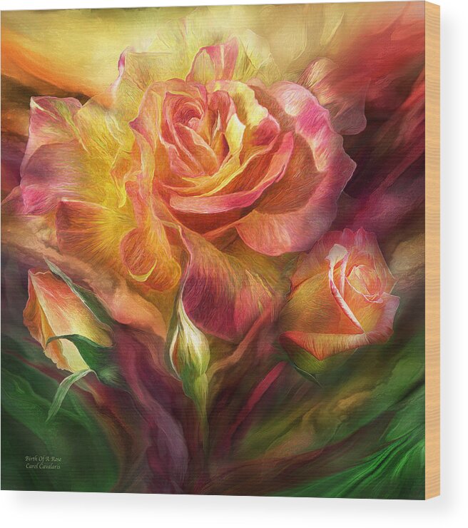 Rose Wood Print featuring the mixed media Birth Of A Rose - SQ by Carol Cavalaris