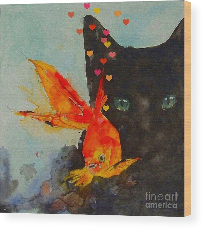 Black Cat Wood Print featuring the painting Black Cat and the Goldfish by Paul Lovering
