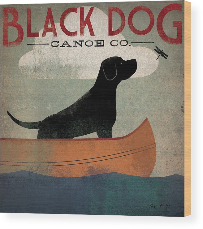Animal Wood Print featuring the painting Black Dog Canoe by Ryan Fowler