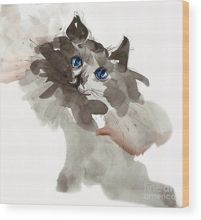 Cat Wood Print featuring the painting Blue Eyes by Chris Paschke