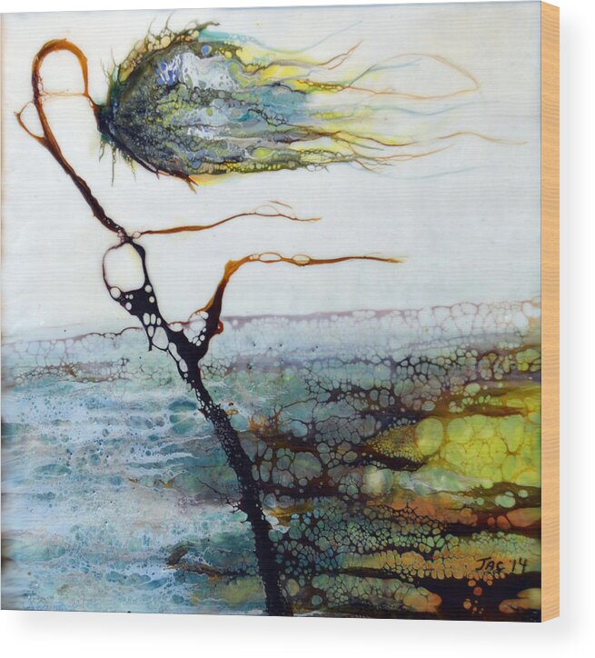 Encaustic Wood Print featuring the painting Blue Flower by Stream by Jennifer Creech