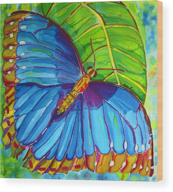 Butterfly Wood Print featuring the painting Blue Morpho Butterfly on Zebra by Kelly Smith
