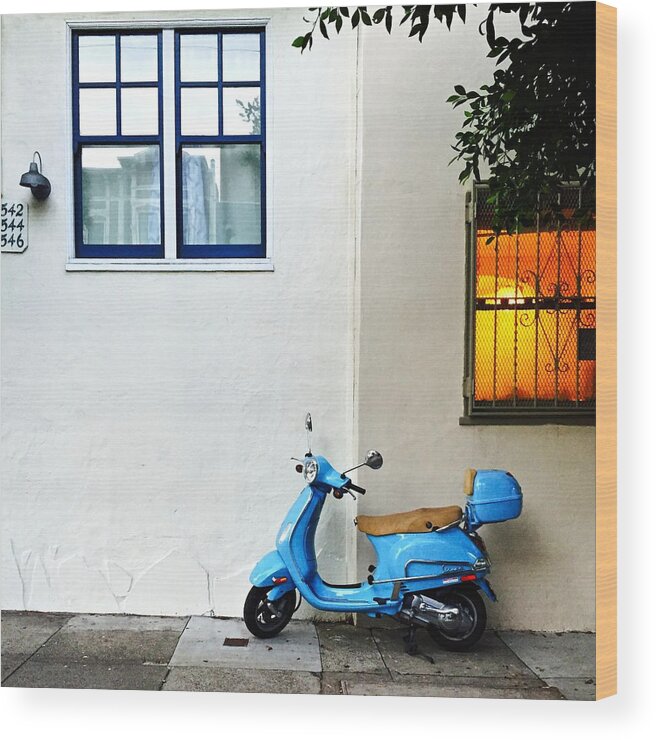 Vespa Wood Print featuring the photograph Blue Scooter by Julie Gebhardt