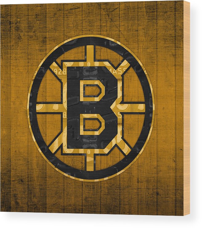 Boston Wood Print featuring the mixed media Boston Bruins Hockey Team Retro Logo Vintage Recycled Massachusetts License Plate Art by Design Turnpike