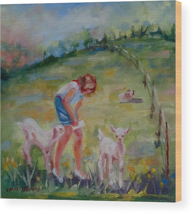 Baby Goats Wood Print featuring the painting Bottle Feeding Spring Babies by Carol Berning
