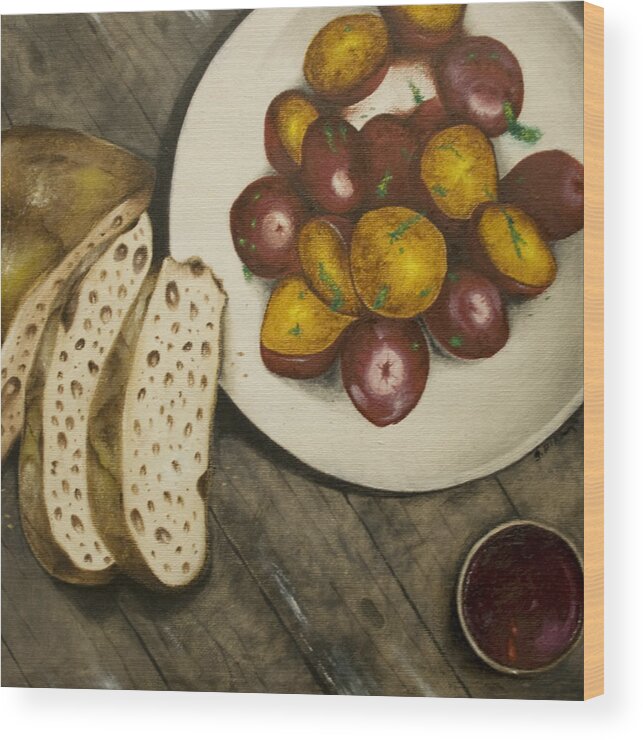 Still Life Wood Print featuring the painting Bread and Potatoes by Stephen J DiRienzo