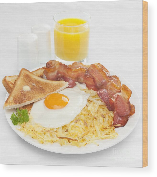 American Breakfast Wood Print featuring the photograph Breakfast Hash Browns Bacon Fried Egg Toast Orange Juice by Colin and Linda McKie