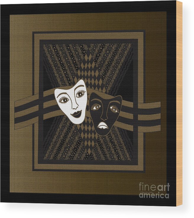 Classical Drama Wood Print featuring the digital art BrownBlack Janus Masks by Megan Dirsa-DuBois
