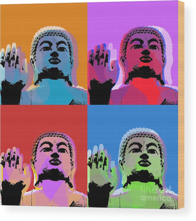 Buddha Wood Print featuring the digital art Buddha Pop Art - 4 panels by Jean luc Comperat