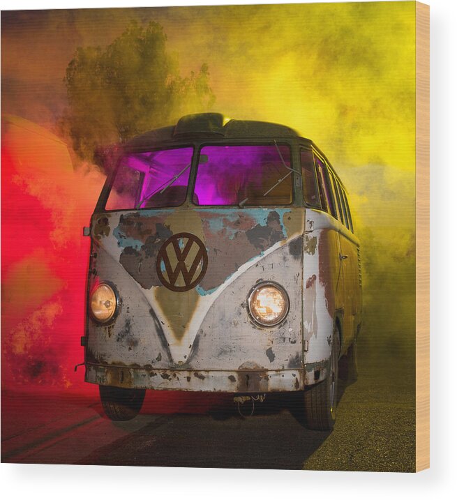Barndoor Wood Print featuring the photograph Bus In A Cloud of Multi-color Smoke by Richard Kimbrough