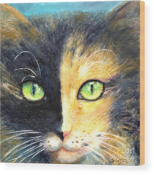Cat Art Print Shijun Munns Cat Art Wood Print featuring the painting Calico Cat by Shijun Munns