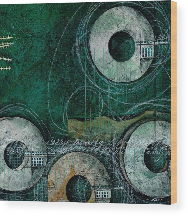Aqua White Gray Circles Wood Print featuring the mixed media Carry me away by Laura Lein-Svencner